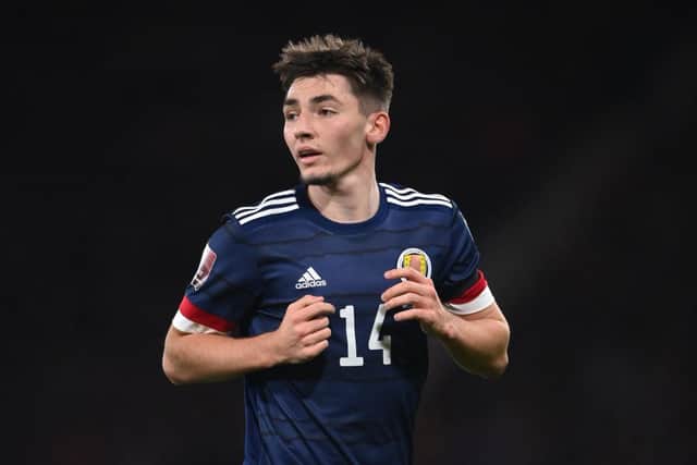 Scotland player Billy Gilmour in action during the 2022 FIFA World Cup Qualifier match between Scotland and Denmark at Hampden. (Photo by Stu Forster/Getty Images)