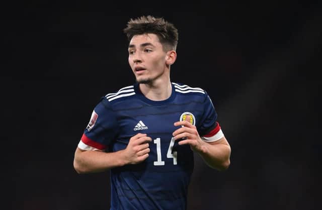 Scotland player Billy Gilmour in action during the 2022 FIFA World Cup Qualifier match between Scotland and Denmark at Hampden. (Photo by Stu Forster/Getty Images)