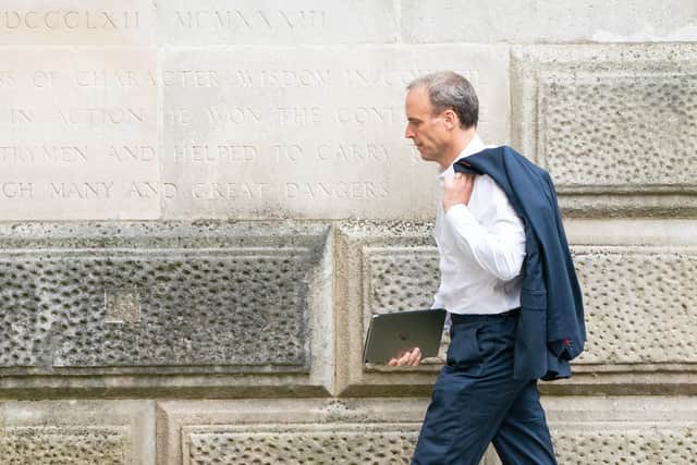 Foreign secretary Dominic Raab arrives at the Foreign Office in Westminster, London. Picture: PA