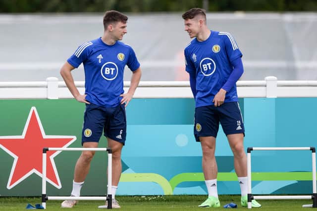 Kevin Nisbet (R) with Kieran Tierney during a Scotland training session as they prepare for Friday's Euro 2020 game against England. Photo by Craig Williamson / SNS Group