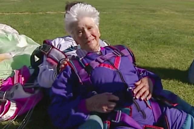 Clare Nowland reacts following a skydive in Canberra, Australia, in 2008. Nowland, now 95, was in critical condition Friday, two days after being Tasered by police