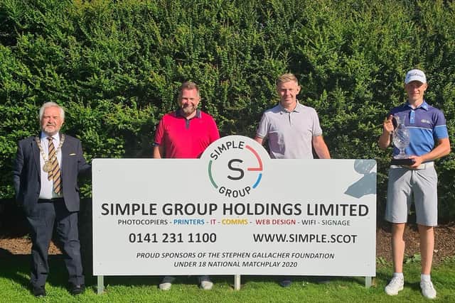 Winner Ruben Lindsay shows off the trophy after his win in the Stephen Gallacher Foundation National Matchplay at Castle Park. The Ayr Belleisle player is pictured with, from left, East Lothina Lord Provost John McMillan, Grant Maher, the sponsor from Simple Group Holding Ltd, and Stephen Gallacher