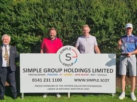 Winner Ruben Lindsay shows off the trophy after his win in the Stephen Gallacher Foundation National Matchplay at Castle Park. The Ayr Belleisle player is pictured with, from left, East Lothina Lord Provost John McMillan, Grant Maher, the sponsor from Simple Group Holding Ltd, and Stephen Gallacher
