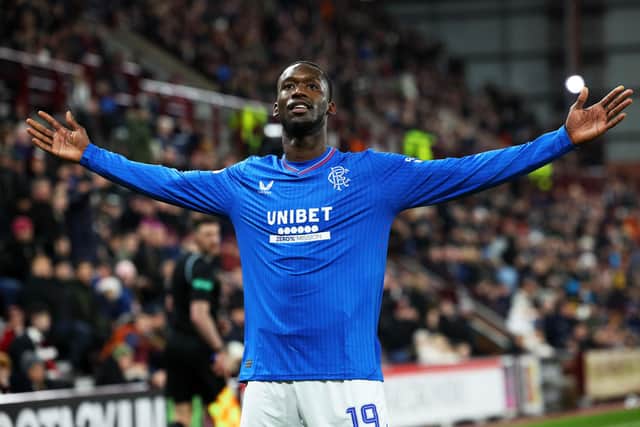 Abdallah Sima celebrates after scoring Rangers' winner against Hearts at Tynecastle. (Photo by Ross Parker / SNS Group)