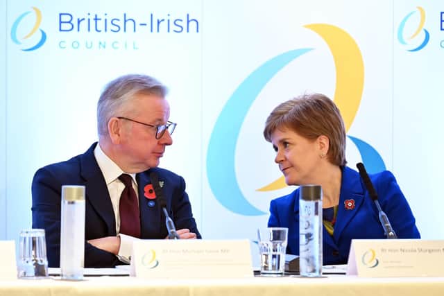 UK's intergovernmental relations minister Michael Gove and First Minister Nicola Sturgeon during a press conference at the 38th British-Irish Council Summit. Picture: Dave Nelson/PA Wire