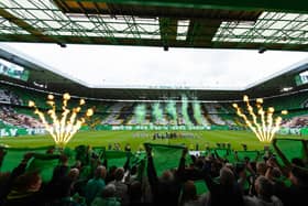 Celtic fans tifo display ahead of kick-off against Kilmarnock as last season's championship flag is raised. (Photo by Craig Foy / SNS Group)