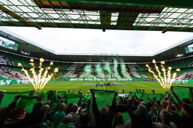 Celtic fans tifo display ahead of kick-off against Kilmarnock as last season's championship flag is raised. (Photo by Craig Foy / SNS Group)