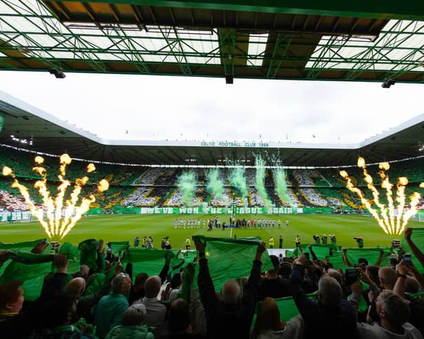 Celtic fans tifo display ahead of kick-off against Kilmarnock as last season's championship flag is raised. (Photo by Craig Foy / SNS Group)