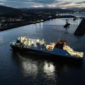 Glen Sannox entering Greenock harbour after a day of sea trials in the Clyde this week. (Photo by Steve McIntosh/HAWQ Drone Services)