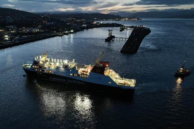 Glen Sannox entering Greenock harbour after a day of sea trials in the Clyde this week. (Photo by Steve McIntosh/HAWQ Drone Services)