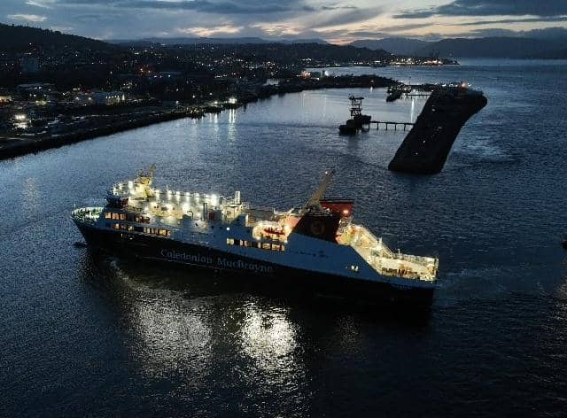 Glen Sannox entering Greenock harbour after a day of sea trials in the Clyde this week. (Photo by Steve McIntosh/HAWQ Drone Services)