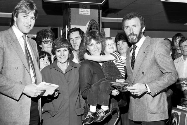 Scotland international footballers Alan Rough and Danny McGrain promote the Scottish World Cup Squad record 'We Have a Dream' in John Menzies' Princes Street store in May 1982.