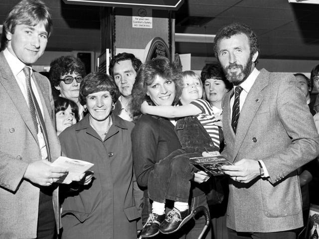 Scotland international footballers Alan Rough and Danny McGrain promote the Scottish World Cup Squad record 'We Have a Dream' in John Menzies' Princes Street store in May 1982.