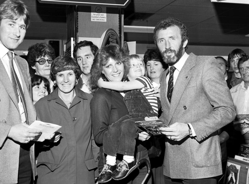 Scotland international footballers Alan Rough and Danny McGrain promote the Scottish World Cup Squad record 'We Have a Dream' in John Menzies' Princes Street store in May 1982.