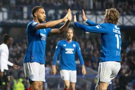 Rangers' Cyriel Dessers celebrates with Todd Cantwell during the 5-2 win over Dundee.