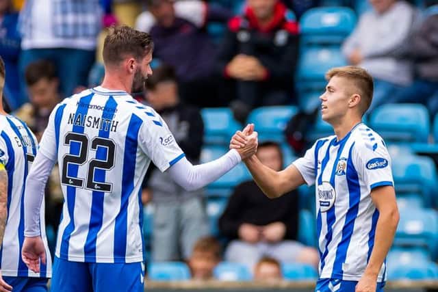 Kilmarnock's Fraser Murray celebrates with Jason Naismith after making it 3-1 during an SPFL Trust Trophy match between Kilmarnock and Falkirk at Rugby Park, on September 04, 2021, in Kilmarnock, Scotland (Photo by Roddy Scott / SNS Group)