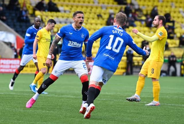 Rangers captain James Tavernier celebrates his 19th goal of the season after opening the scoring in his team's 3-0 win at Livingston. (Photo by Rob Casey / SNS Group)