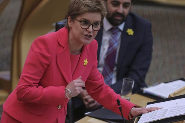 Scotland's First Minister Nicola Sturgeon during First Minster's Questions at the Scottish Parliament in Holyrood, Edinburgh. Picture date: Thursday March 17, 2022.