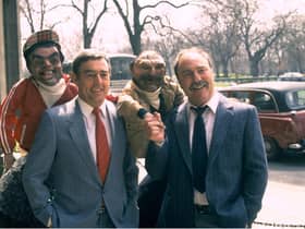 Ian St John, left, and Jimmy Greaves meet their own puppets from satirical show Spitting Image in 1989 (Picture: ITV/Shutterstock)