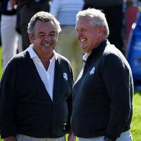 Tony Jacklin and Colin Montgomerie during the 2016 Ryder Cup Captains Matches at Hazeltine National Golf Club in Minnesota. Picture: Ross Kinnaird/Getty Images.