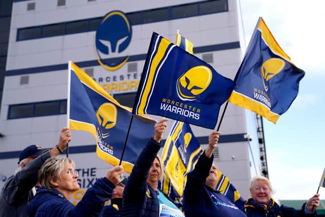 Worcester Warriors fans gather outside of Sixways Stadium on the day the club was placed into administration. (Picture: David Davies/PA Wire)