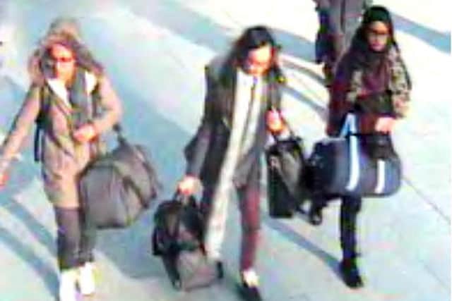 Amira Abase, 15, Kadiza Sultana, 16, and Shamima Begum, 15, (pictured left to right) at Gatwick airport in February 2015.