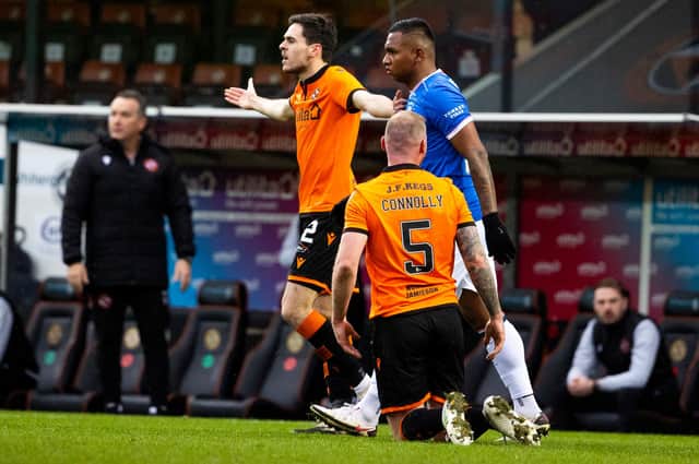 Alfredo Morelos after being yellow carded for a challenge on Mark Connolly during Rangers' trip to Dundee United. Picture: SNS