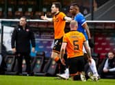 Alfredo Morelos after being yellow carded for a challenge on Mark Connolly during Rangers' trip to Dundee United. Picture: SNS