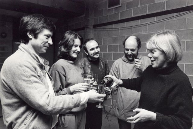 Clare Venables, the new artistic director at the Crucible Theatre, Sheffield, started rehearsals on her first production and there was champagne for her, the cast, set designer, and author. Pictured left to right in our picture from December 29, 1981, are actors Michael Irving and Deborah Findlay, set designer Roger Glossop, author Rony Robinson, and Clare Venables serving champagne,