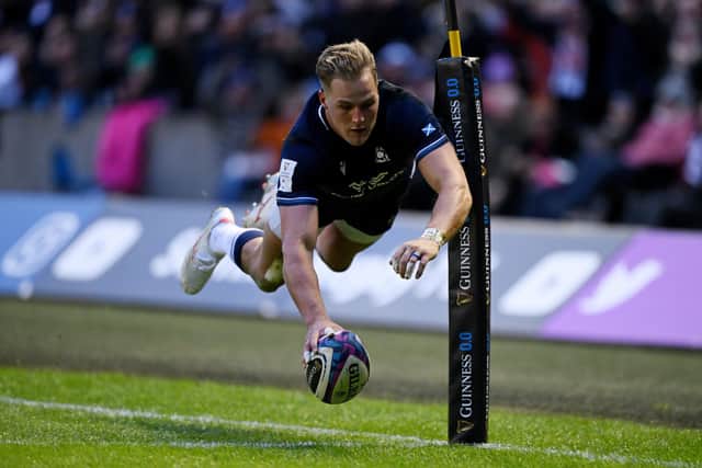 Duhan van der Merwe scores a try for Scotland against England at Murrayfield on Saturday (Picture: Stu Forster/Getty Images)