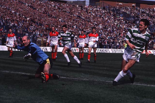Andy Walker slots the Celtic opener past a helpless Jim Gallacher in the 1990 Scottish Cup semi-final.