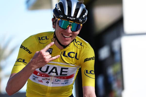 Team Emirates' Slovenian rider Tadej Pogacar celebrates as he crosses the finish line of the 8th and final stage of the 81st Paris - Nice cycling race.