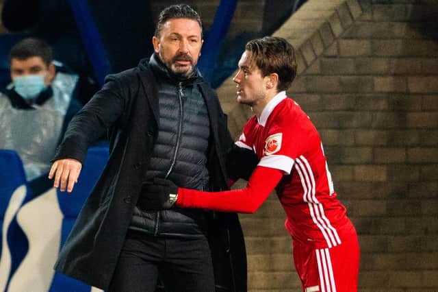 Aberdeen manager Derek McInnes (L) with Rangers-bound Scott Wright during the 0-0 draw with St Johnstone