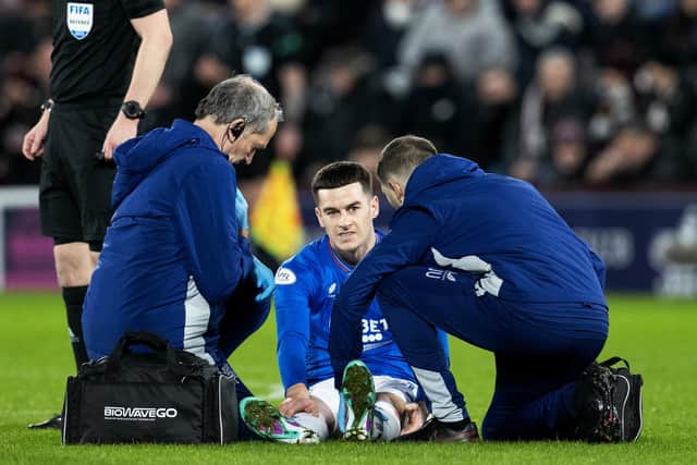 Rangers' Tom Lawrence was replaced after going down injured during the first half of the 1-0 win over Hearts at Tynecastle. (Photo by Alan Harvey / SNS Group)