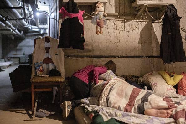 Ukrainian civilians are seen at one the bunkers in the city of Kyiv. Picture: Narciso Contreras/Anadolu Agency via Getty Images