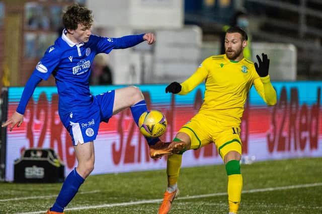 On-loan Queen of the South left-back James Maxwell (left), who still has a year left at Rangers, battles with Hibernian's Martin Boyle during this week's Scottish Cup tie (Photo by Craig Williamson / SNS Group)