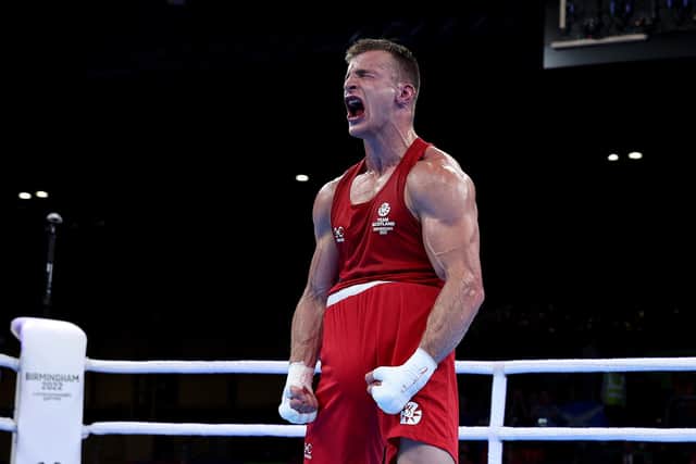 Sean Lazzerini of Team Scotland celebrates after defeating Taylor Bevan in the Men’s Boxing Over 75kg-80kg (Light Heavyweight) gold medal bout at the Birmingham 2022 Commonwealth Games. (Photo by Eddie Keogh/Getty Images)