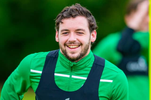 Drey Wright is all smiles during a Hibs training session at East Mains