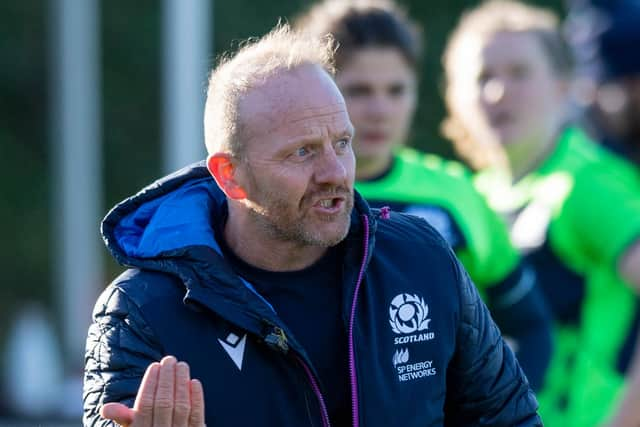 Head Coach Bryan Easson during a Scotland Women's rugby training session at the DAM Health Stadium (Photo by Mark Scates / SNS Group)