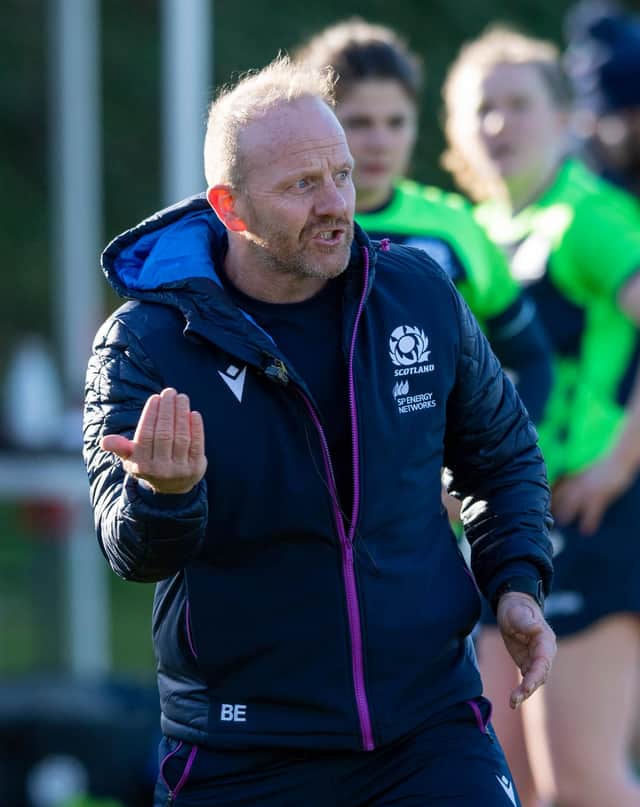 Head Coach Bryan Easson during a Scotland Women's rugby training session at the DAM Health Stadium (Photo by Mark Scates / SNS Group)