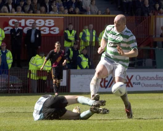 Motherwell keeper Gordon Marshall saves at the feet of Celtic's John Hartson in one of the moments that resulted in Martin O'Neill's men blowing the title on the May 22, 2005 final day of title campaign of 17 years ago - from a leading position weeks earleir similiar to the one that Ange Postecoglou's men are in. Hartson is convinced the parallels will end there despite the chat in the wake of Rangers' derby Scottish Cup semi-final win the other day. (Pic by Jeff Holmes/SNS Group).