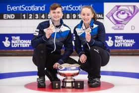 Bruce Mouat and Jen Dodds celebrate their victory for Scotland at World Mixed Doubles Curling Championship in Aberdeen. Picture: Celine Stucki/WCF