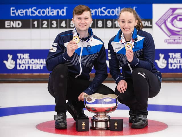 Bruce Mouat and Jen Dodds celebrate their victory for Scotland at World Mixed Doubles Curling Championship in Aberdeen. Picture: Celine Stucki/WCF