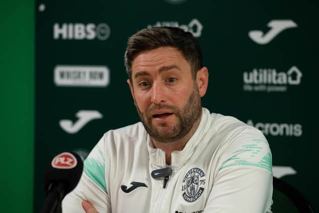 Hibs manager Lee Johnson faces the media ahead of the Christmas Eve clash against Livingston at Easter Road. (Photo by Paul Devlin / SNS Group)