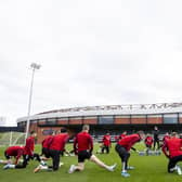The Aberdeen players train at The City Stadium, in the shadows of Hampden, ahead of Saturday's semi-final against Hibs.
