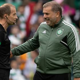 Celtic manager Ange Postecoglou with referee WIllie Collum after the 2-0 friendly win over Norwich City at Celtic Park. (Photo by Craig Williamson / SNS Group)