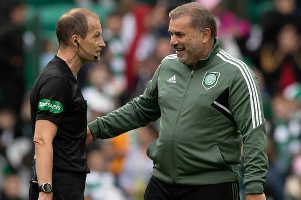 Celtic manager Ange Postecoglou with referee WIllie Collum after the 2-0 friendly win over Norwich City at Celtic Park. (Photo by Craig Williamson / SNS Group)