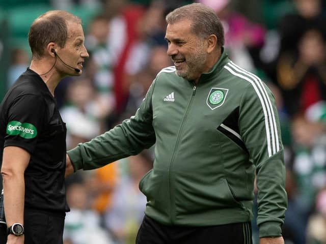 Celtic manager Ange Postecoglou with referee WIllie Collum after the 2-0 friendly win over Norwich City at Celtic Park. (Photo by Craig Williamson / SNS Group)