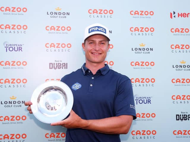 Calum Hill poses with the Cazoo Classic trophy after his win in last year's inaugural event at the London Golf Club in West Kingsdown. Picture: Andrew Redington/Getty Images.