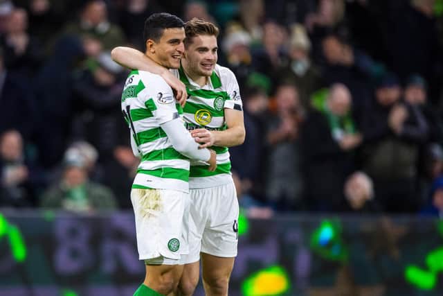 Celtic's Mohammed Elyounoussi celebrates with James Forrest after scoring against St Mirren during his loan spell from Southampton in October, 2019. (Photo by Bill Murray / SNS Group)